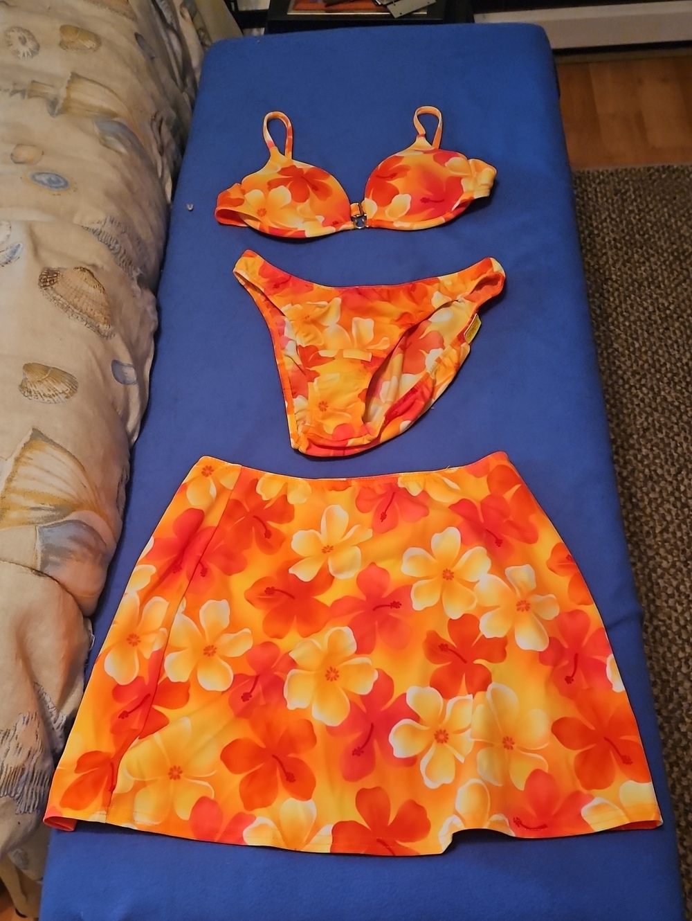 VENUS Orange, Yellow, & Pink  Floral Bikini Top, Bottom & Skirt Set (Sarong)